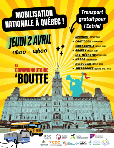 Le jeudi 2 avril 2026, il y aura un grand rassemblement devant l'Assemblée nationale de tout le mouvement Le communautaire à boutte! 