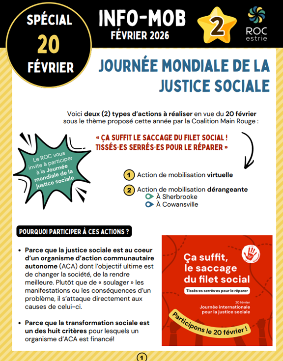 Télécharger notre Info-MOB no.2 pour tout savoir sur la journée de la justice sociale en Estrie