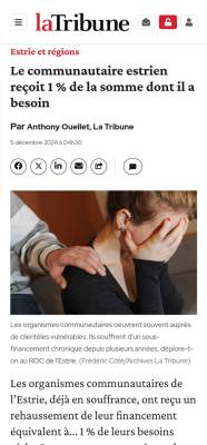 Journal La Tribune du 5 dcembre 2024: Le communautaire estrien reoit 1% de la somme dont il a besoin! (.PDF)